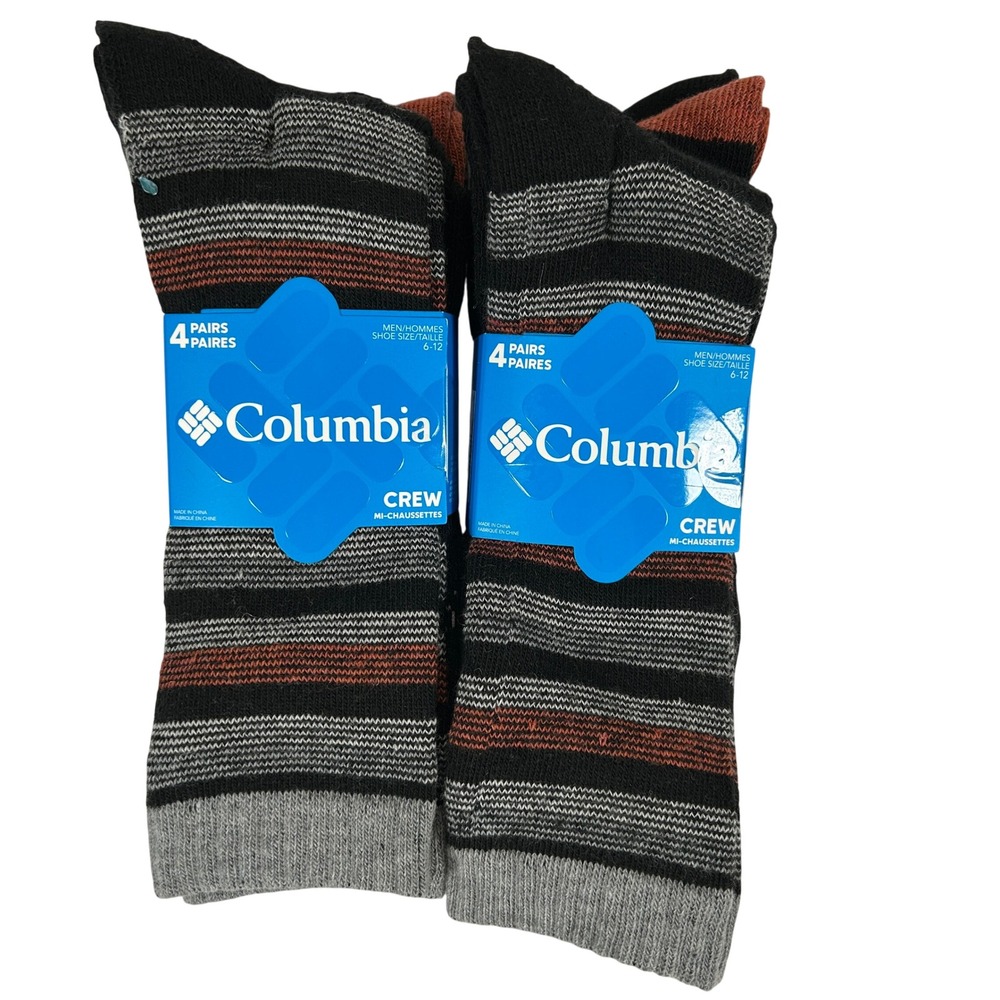 Columbia Mens Crew Socks 4 Pairs Wool Blend Black Grey Orange Size 6-12 RCB035M